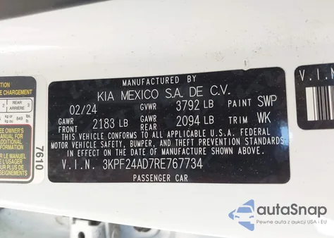 2024 Kia Forte Lxs z USA, uszkodzony, nr VIN 3KPF24AD7RE767734
